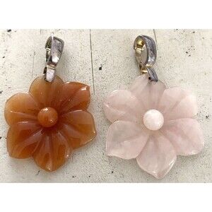 GSJ  Signed Vintage Carved Flower Pendant Lot of 2 Orange Pink Sterling Silver